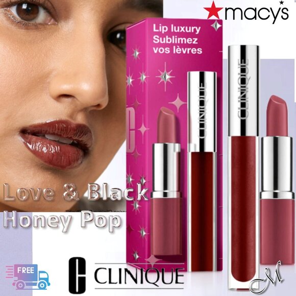 CLINIQUE “LIP LUXURY" 2 Piece Pop Longwear Lipstick/Pop Plush Creamy Lip Gloss - Picture 1 of 14